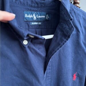 New Men’s Ralph Lauren Blue Navy Shirt with Red Logo button down long sleeve